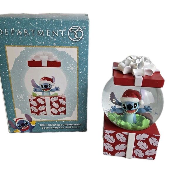 Dept 56 STITCH CHRISTMAS GIFT WATERBALL Disney ENESCO Large Snow Globe NEW - Picture 1 of 16